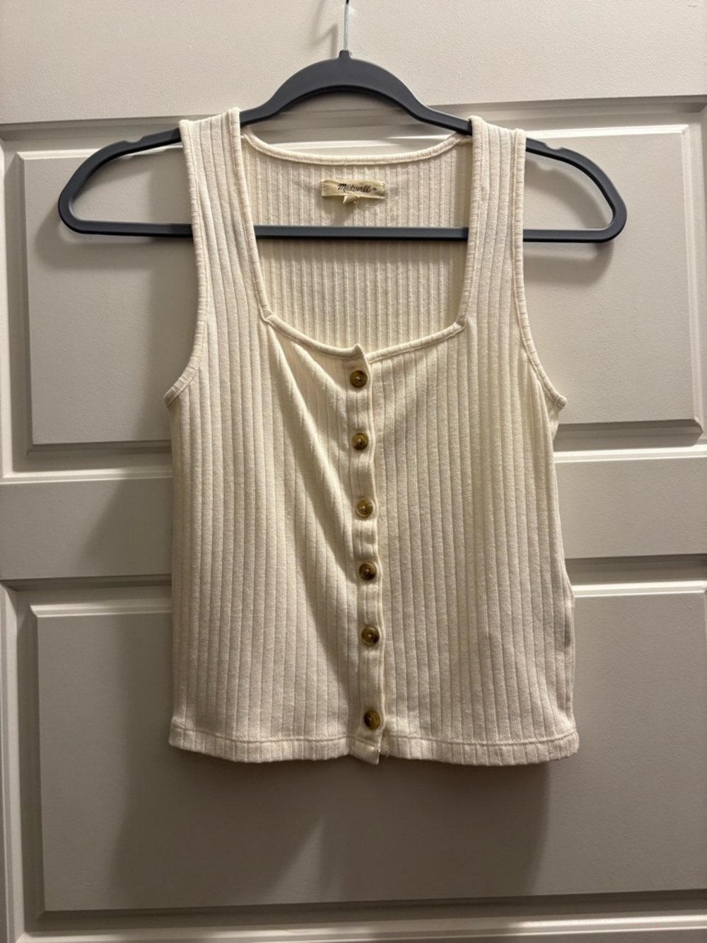 Madewell Top Ribbed Button-Front Crop Tank Square Neck Cream